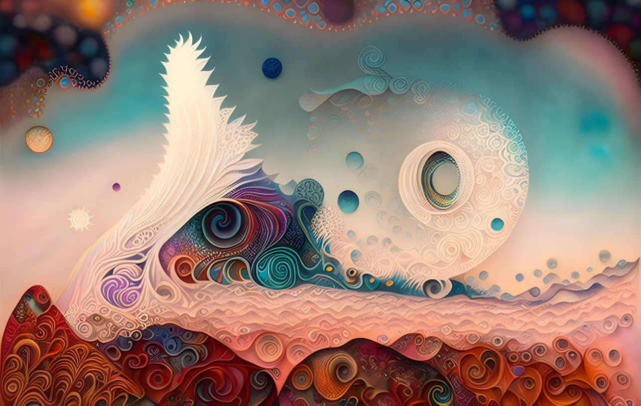 Vibrant abstract landscape with swirling patterns and white spiky mountain form under whimsical sky.