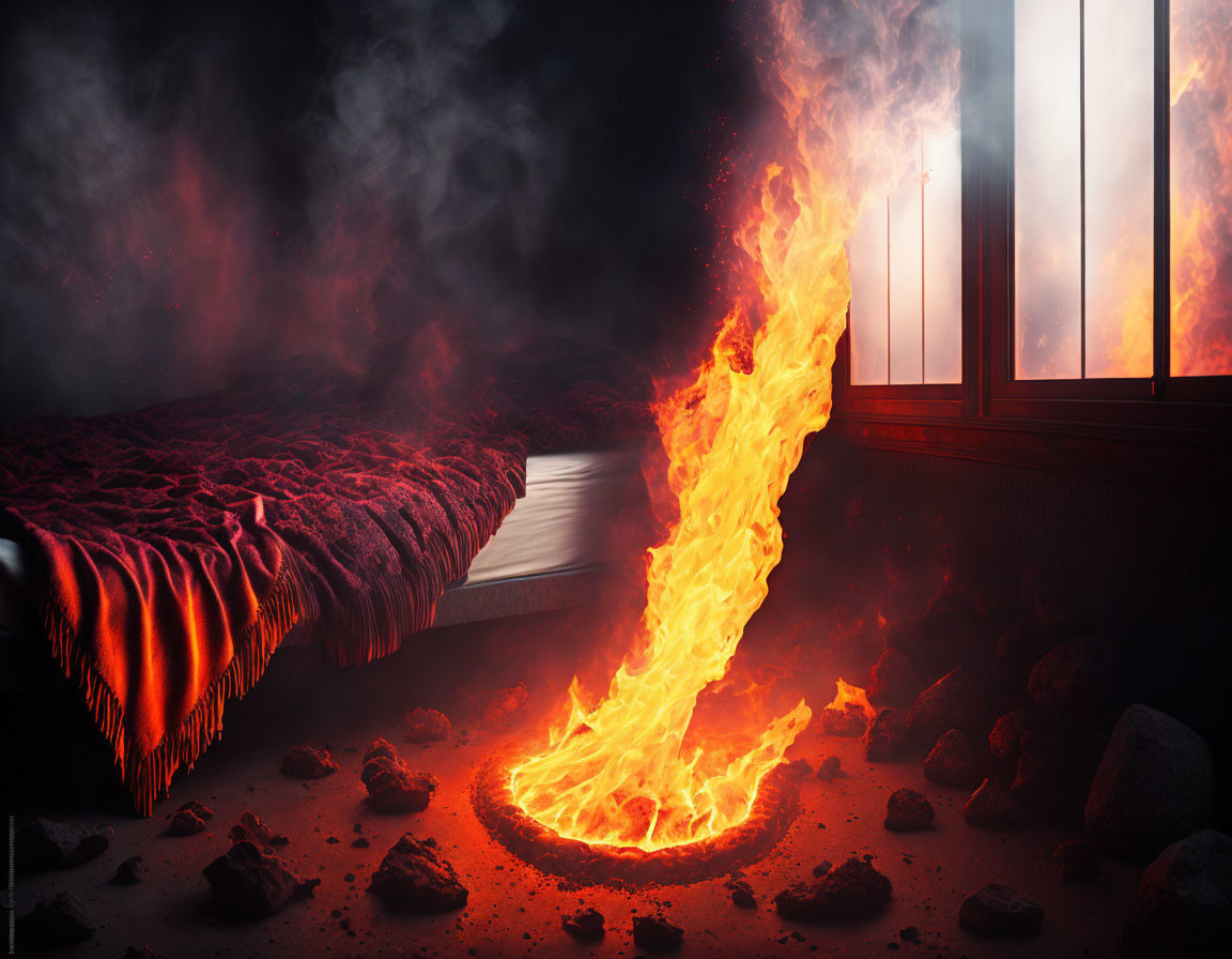 Surreal bedroom with fiery lava platform and swirling vortex.