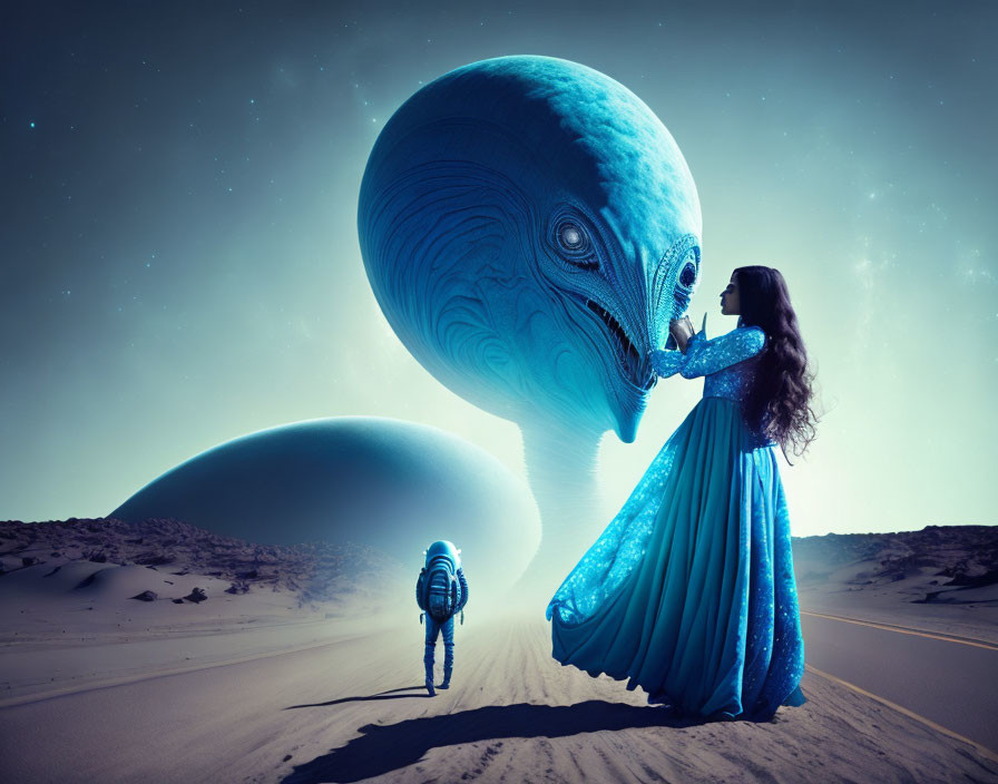 Surreal desert scene: woman in blue with giant alien creature