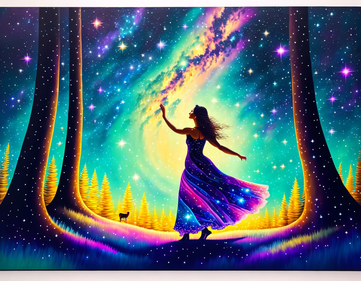 Woman in starry dress dances under cosmic sky with nebulae and silhouetted trees.