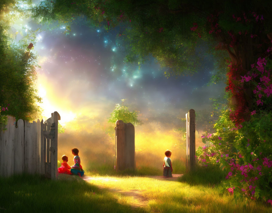 Children at wooden gate under starry sky and sunny garden with pink flowers