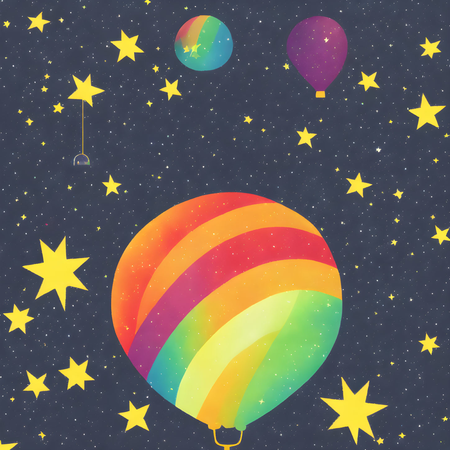 Colorful Hot Air Balloon Soaring Among Stars and Planets