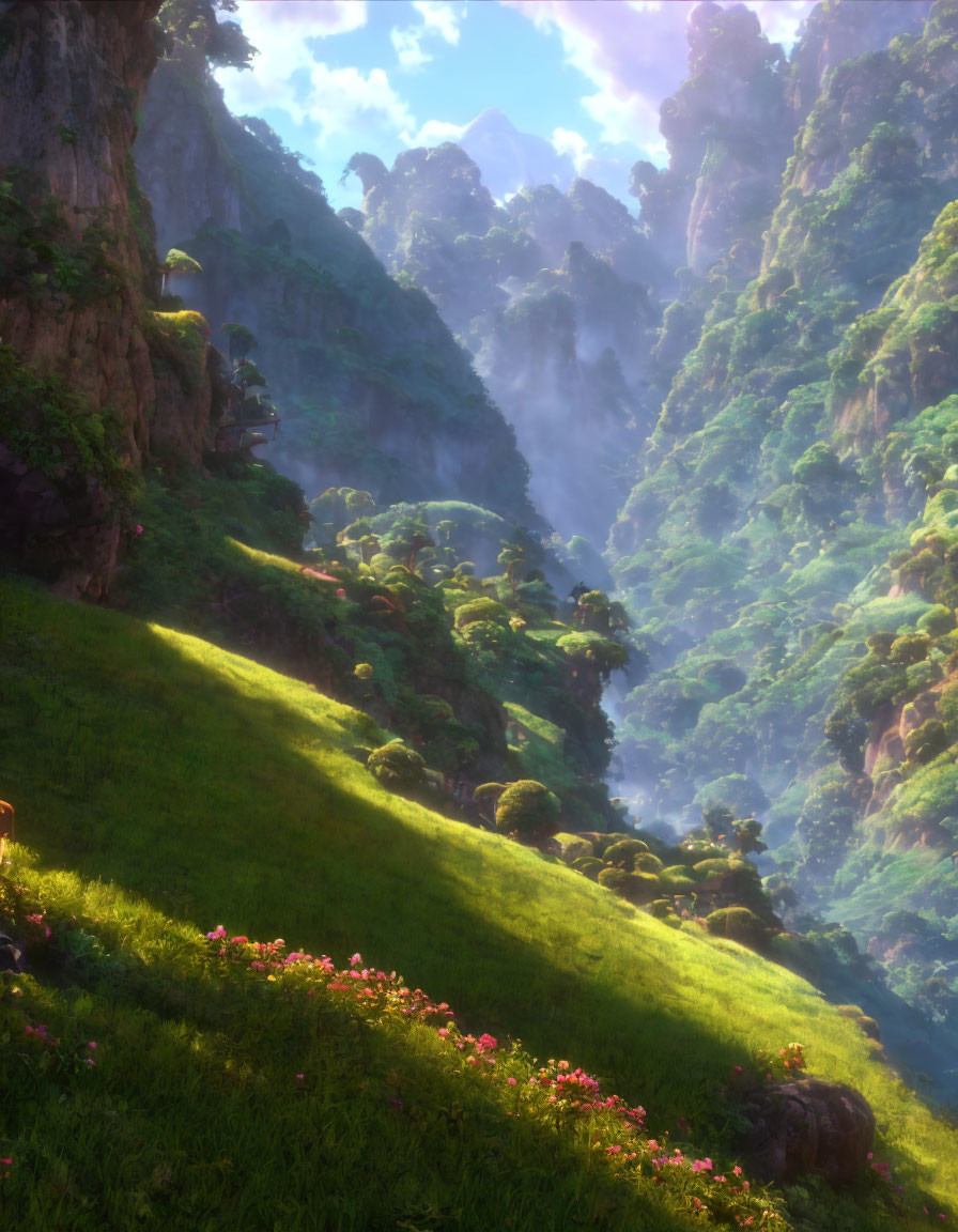 Sunlit Valley with Towering Cliffs and Lush Greenery