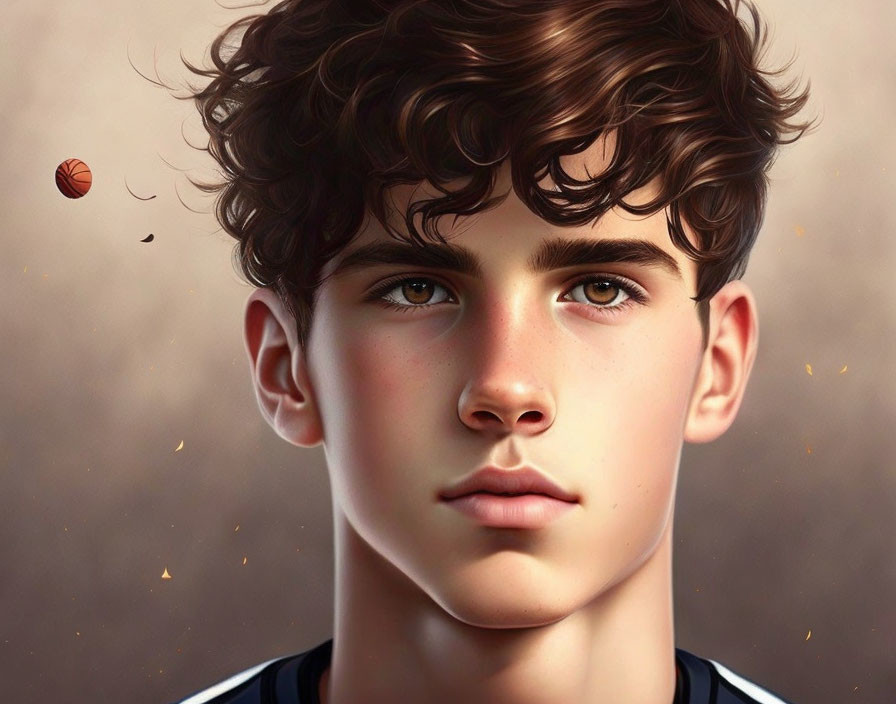 Young male digital portrait with tousled curly hair and basketball.