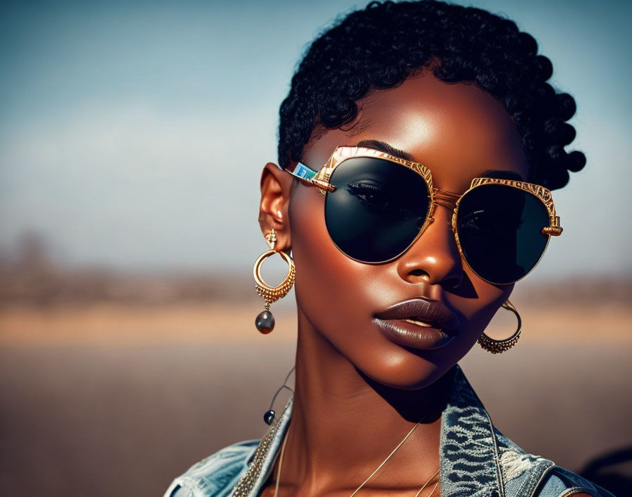 Woman with Short Curly Hair in Round Sunglasses and Denim Jacket in Desert