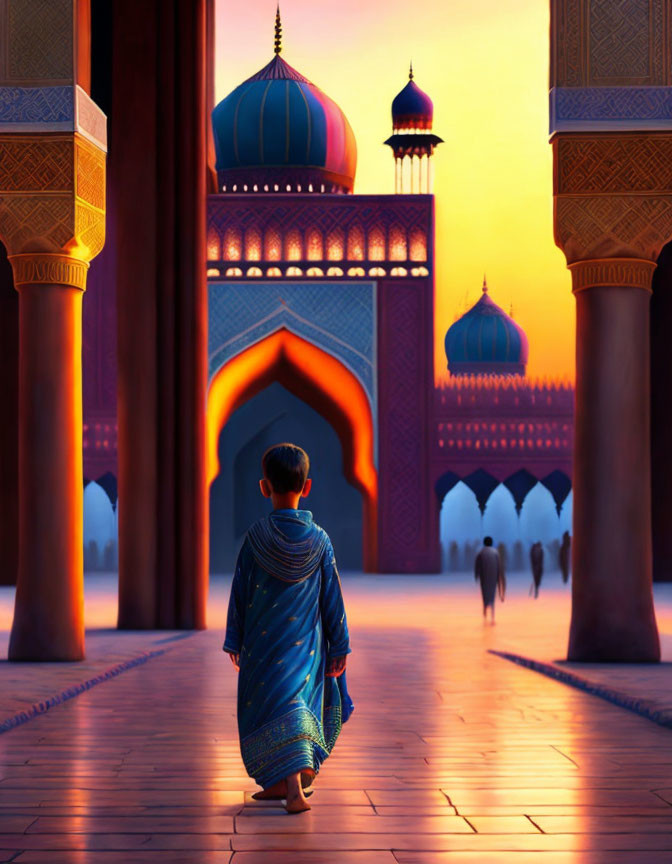 Young boy in blue garment walking towards ornate mosque at sunset