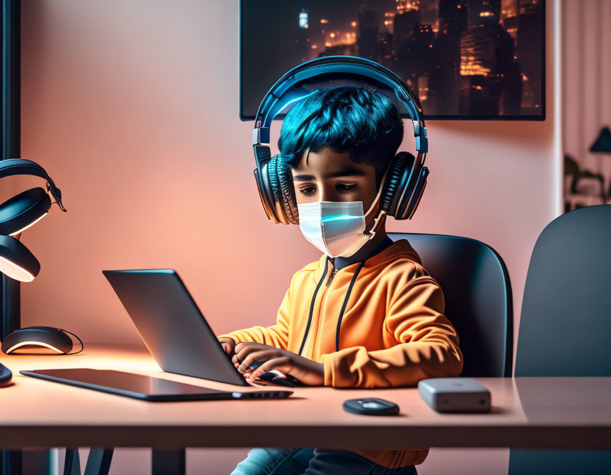 Child with face mask using laptop and headphones at desk with cityscape background