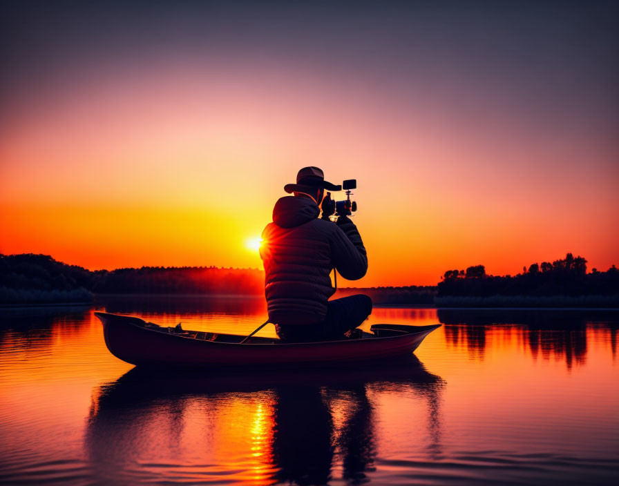 Person in hat photographs sunset from canoe on calm waters at vivid orange sky