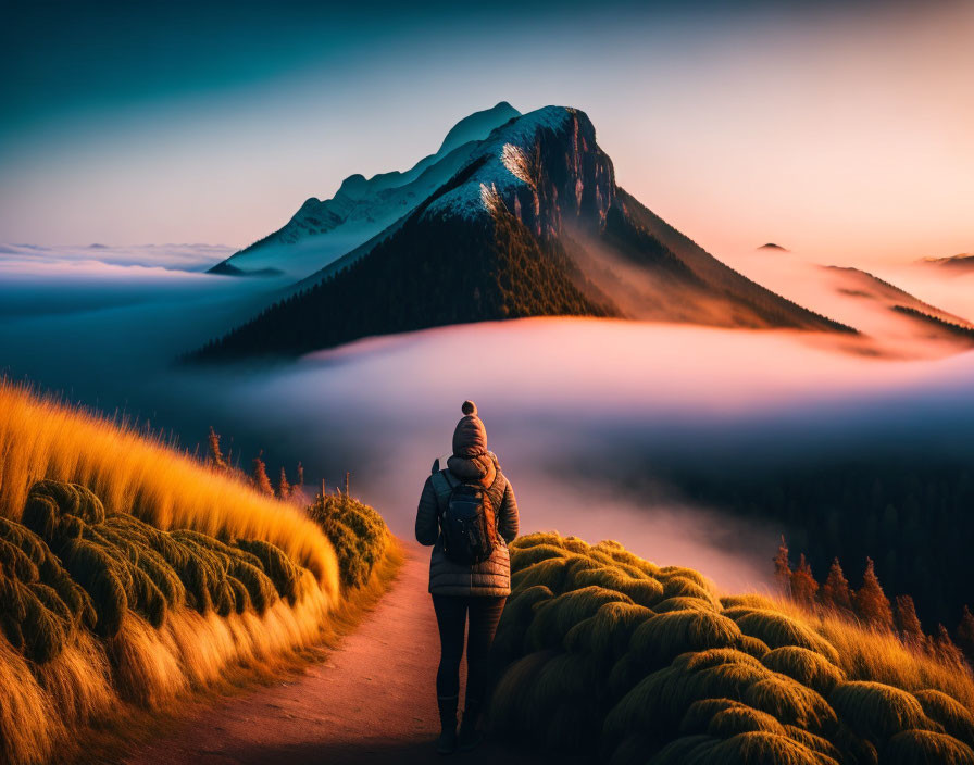 Person admires mountain and sea of clouds at sunrise with autumn grasses.