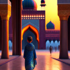 Young boy in blue garment walking towards ornate mosque at sunset