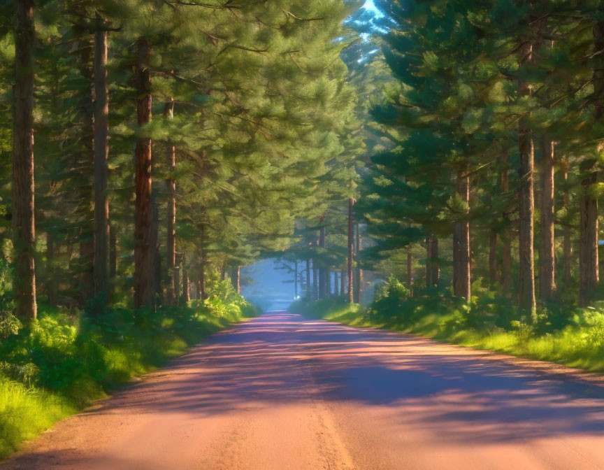 Sunlit Path Through Dense Pine Forest