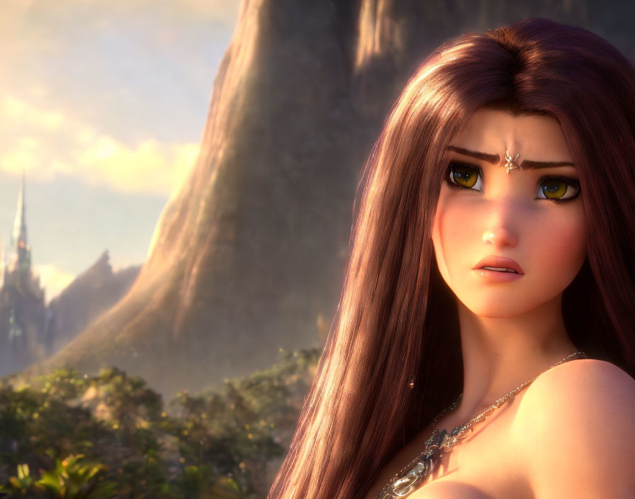 Animated female character with long brown hair and green eyes in a sunlit fantasy landscape