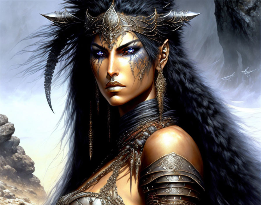 Fantasy Warrior Woman with Blue Face Markings and Feathered Headdress