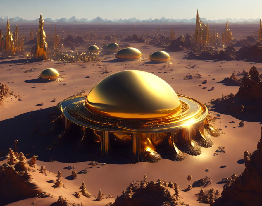 Golden futuristic cityscape with domed structures and tall spires in desert landscape