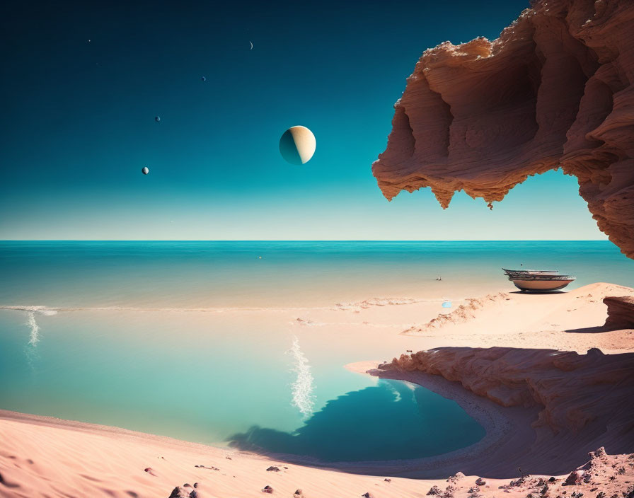 Surreal beach landscape with rock formation, boat, and multiple moons in sky