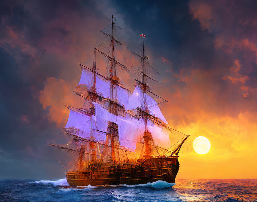 Sailing ship with full sails on ocean under dramatic sunset sky