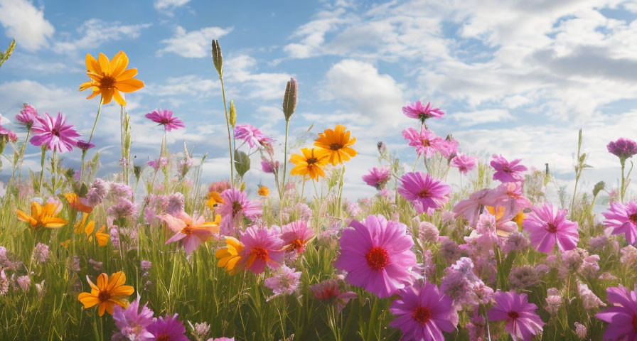 Vibrant purple and orange flowers in tall grass under blue sky