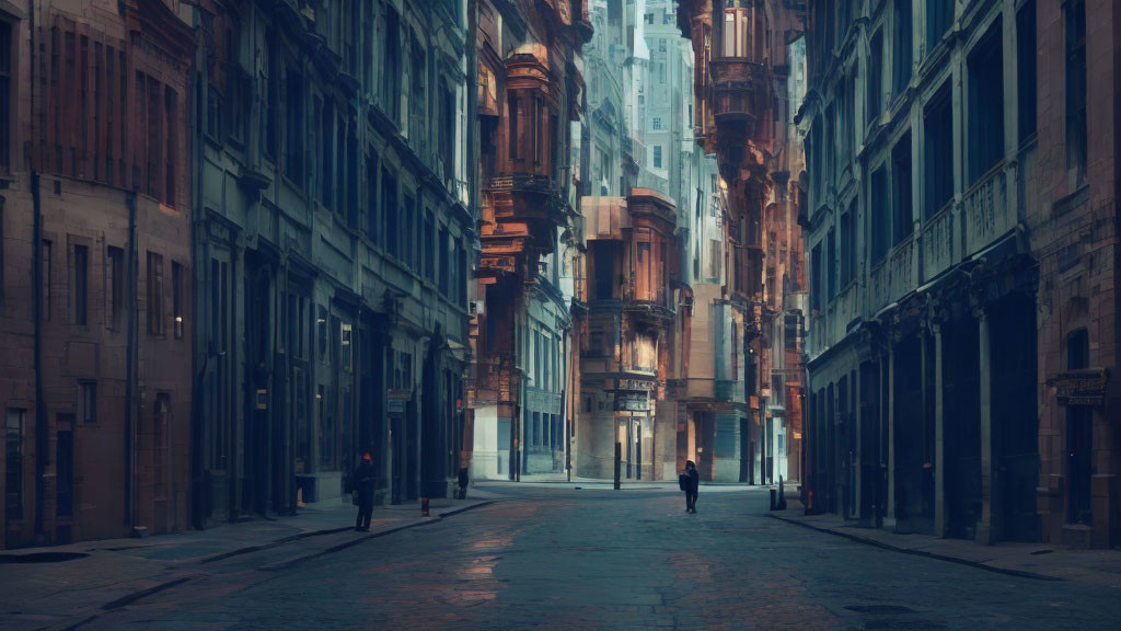 Narrow city street with tall, ornate buildings and blue hue, showing two figures.