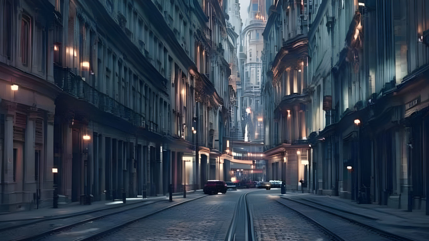 Historical cityscape with tram tracks and cars on empty street