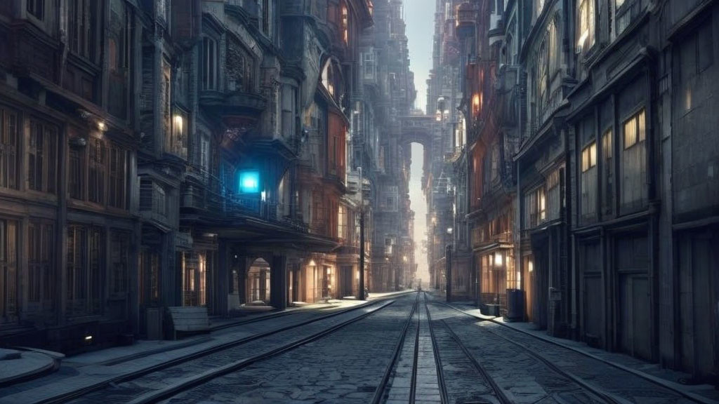 Ornate buildings on misty urban street with tram lines and blue streetlight