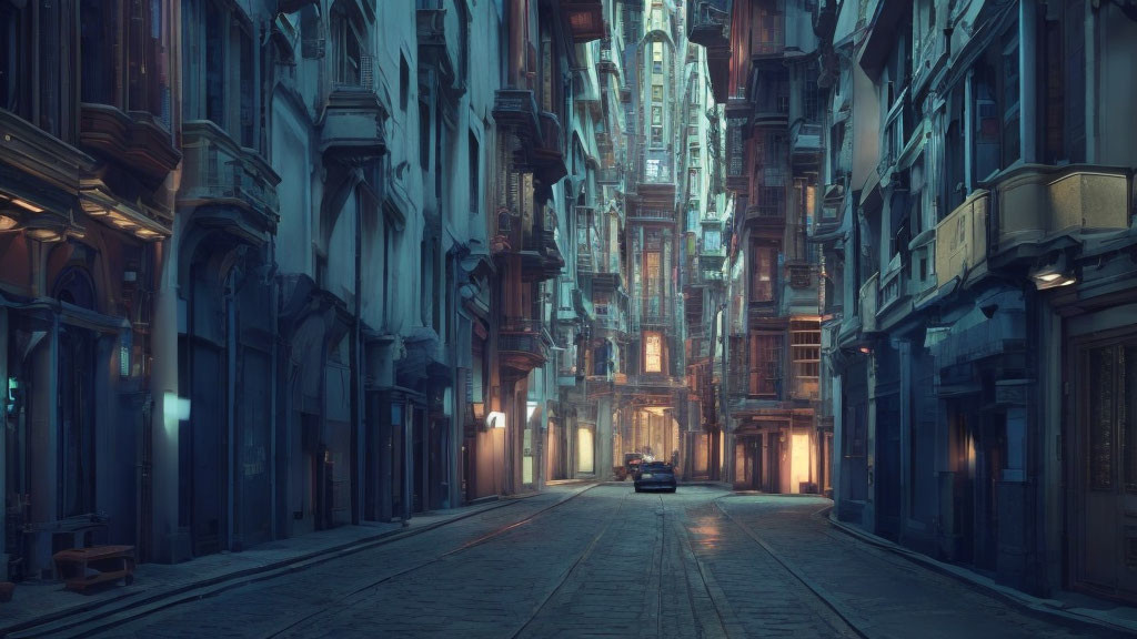 Twilight urban street with old buildings and parked car