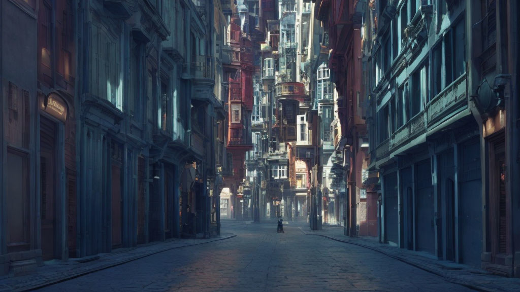 Solitary figure walking on narrow sunlit European street