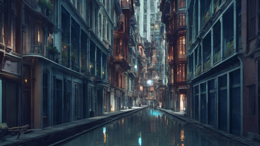 Urban alley with water, tall buildings, balconies, and cyberpunk lights.