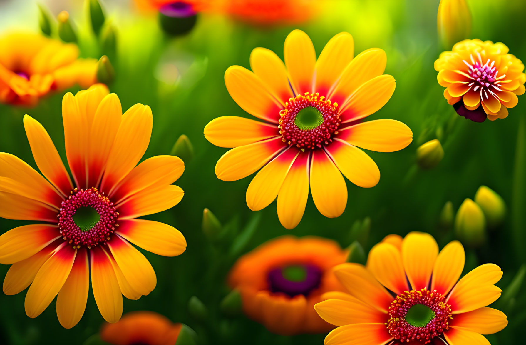 Bright Orange Gerbera Daisies on Green Stems with Floral Background