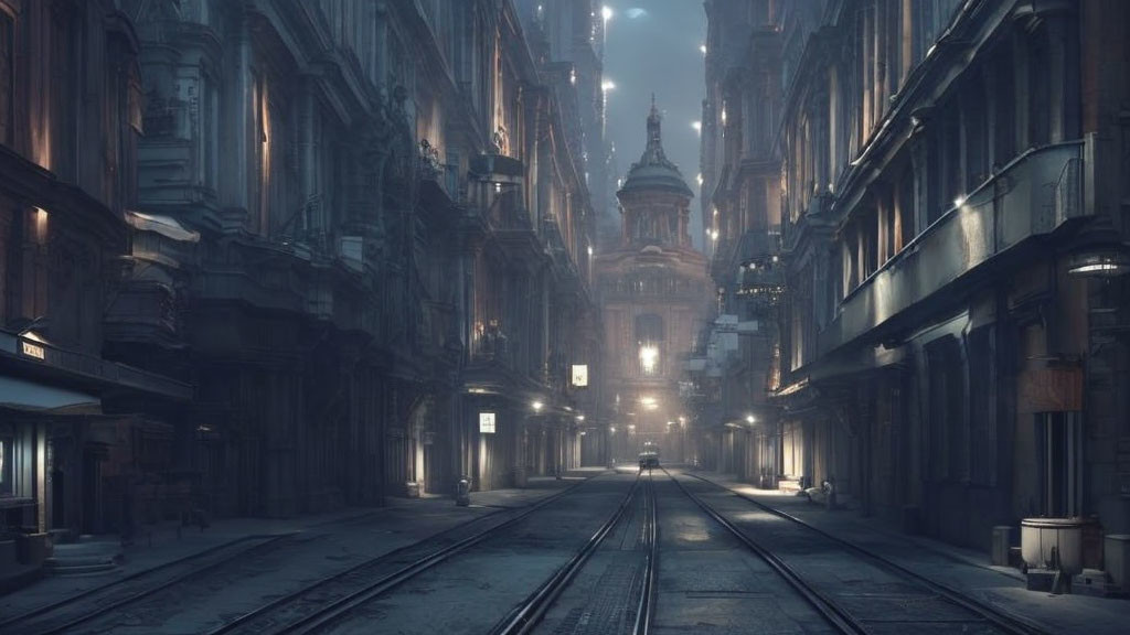 Deserted urban street at dusk with vintage architecture and tram tracks