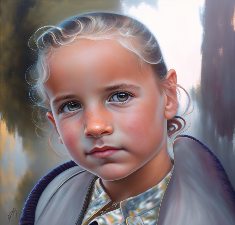 Young child with curly hair and expressive eyes in digital painting