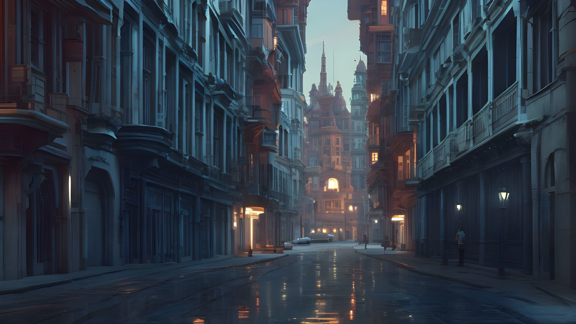 Dusky Victorian cityscape with glowing streetlights