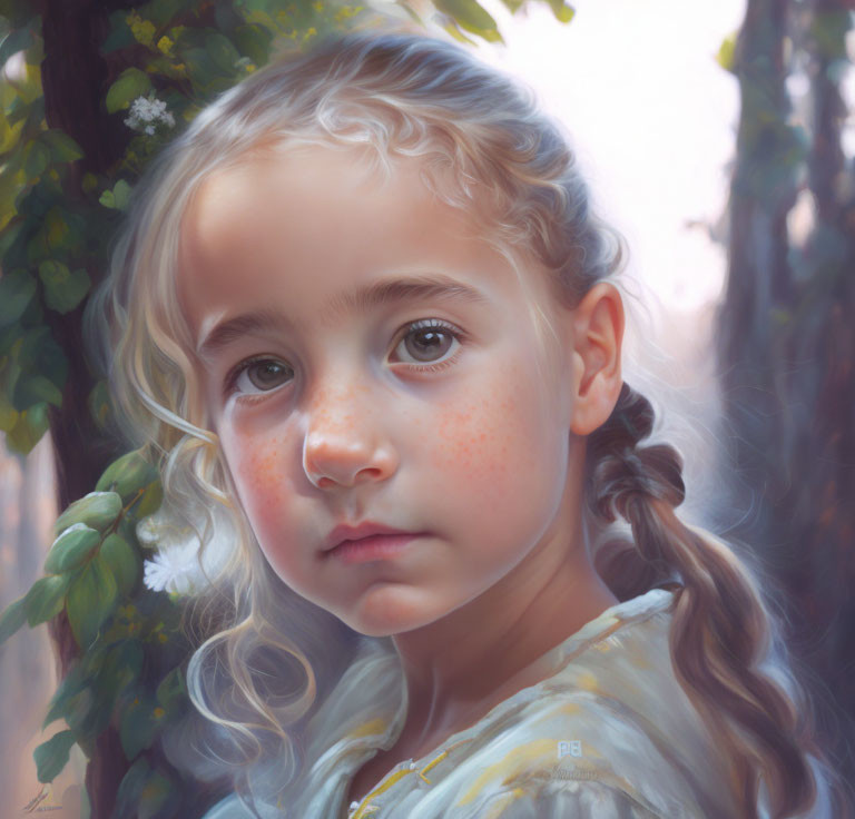 Young girl with braided hair and freckles in digital painting