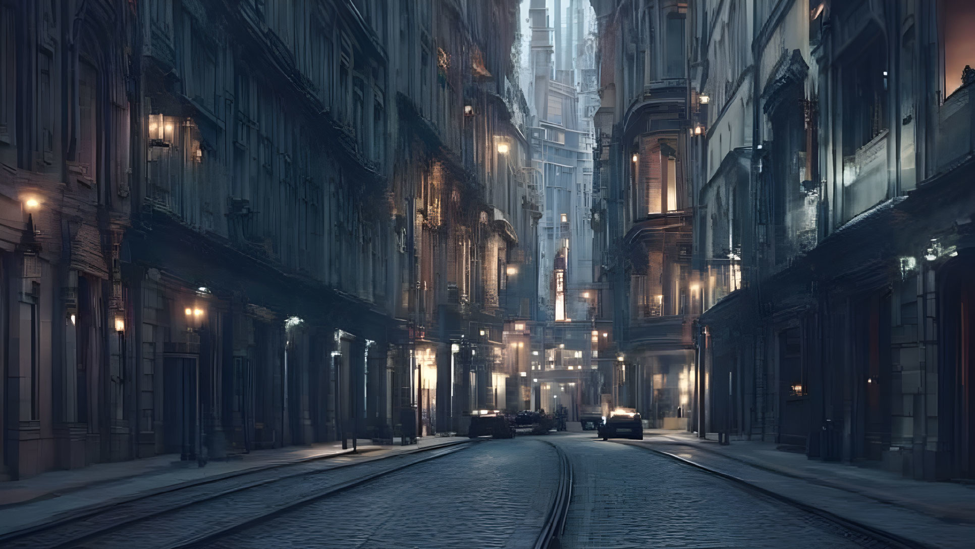 Gothic street scene with dim lighting and tram tracks