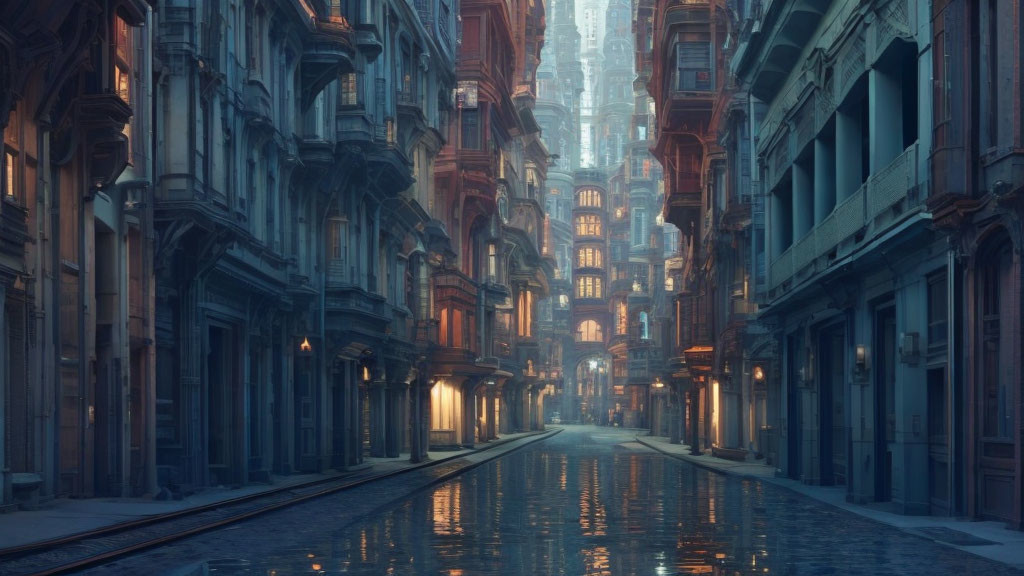 Misty Twilight Scene in European City Alley