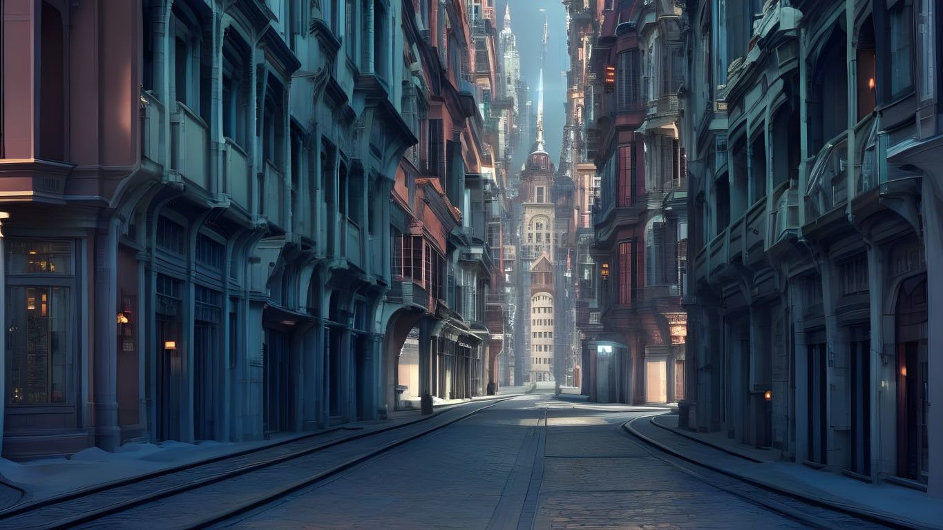 Deserted urban alley with old buildings, tram tracks, and lit clock tower at twilight