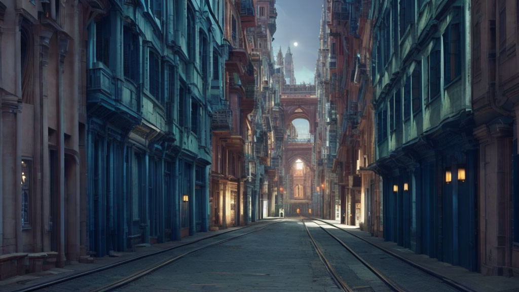 Blue-toned buildings in narrow alleyway with gothic-style structure in dusk sky