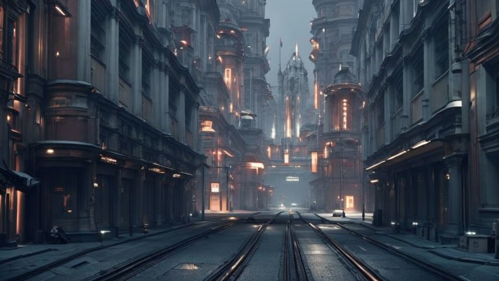 Futuristic cityscape at dusk: towering illuminated buildings, deserted street, tracks, hazy glow