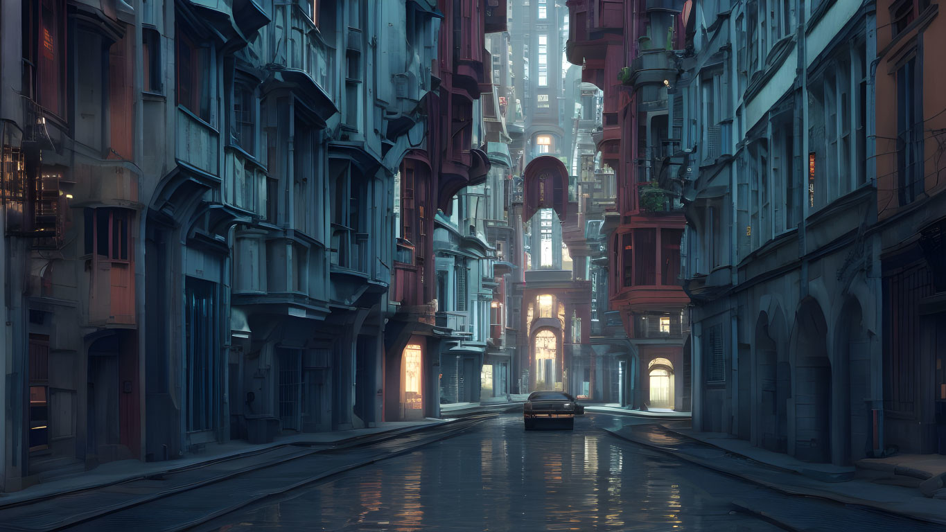 Futuristic city alley with towering buildings and cinematic atmosphere