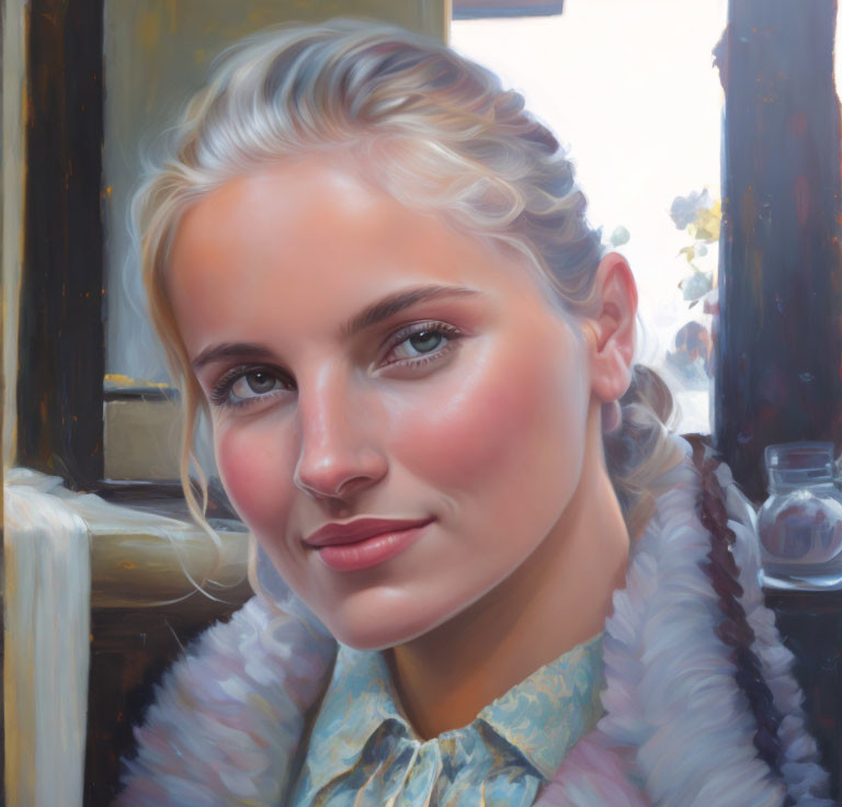 Blonde woman portrait with blue eyes and soft smile