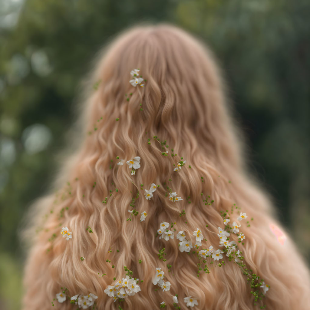 Blonde person with wavy hair and white flowers on green background