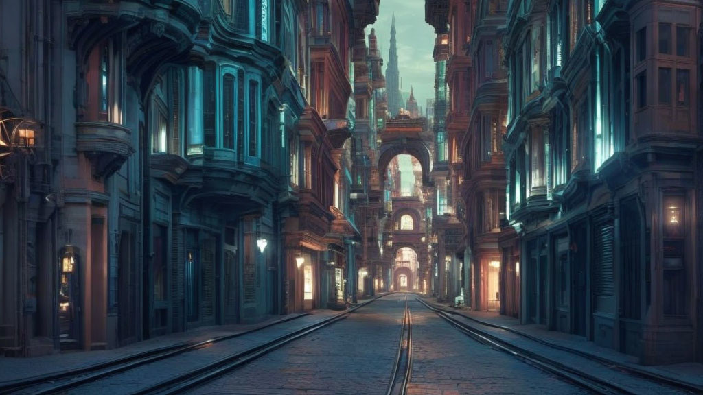 Fantastical city street with ornate buildings and tram tracks at twilight