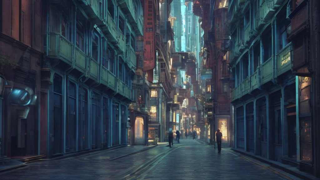 Futuristic urban alley at night with neon signs and modern architecture