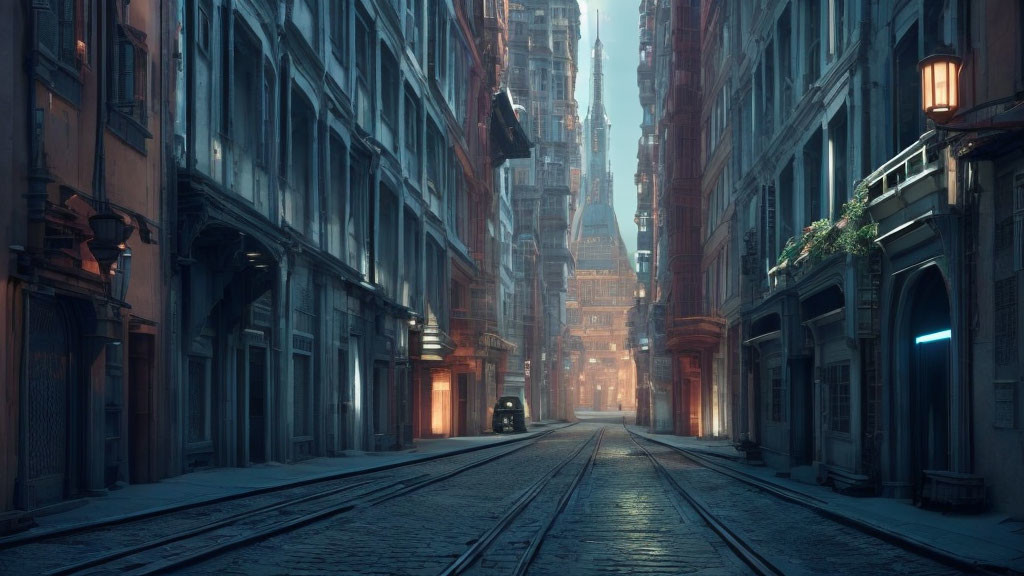 Deserted European old town street at dusk with Gothic buildings and tram tracks