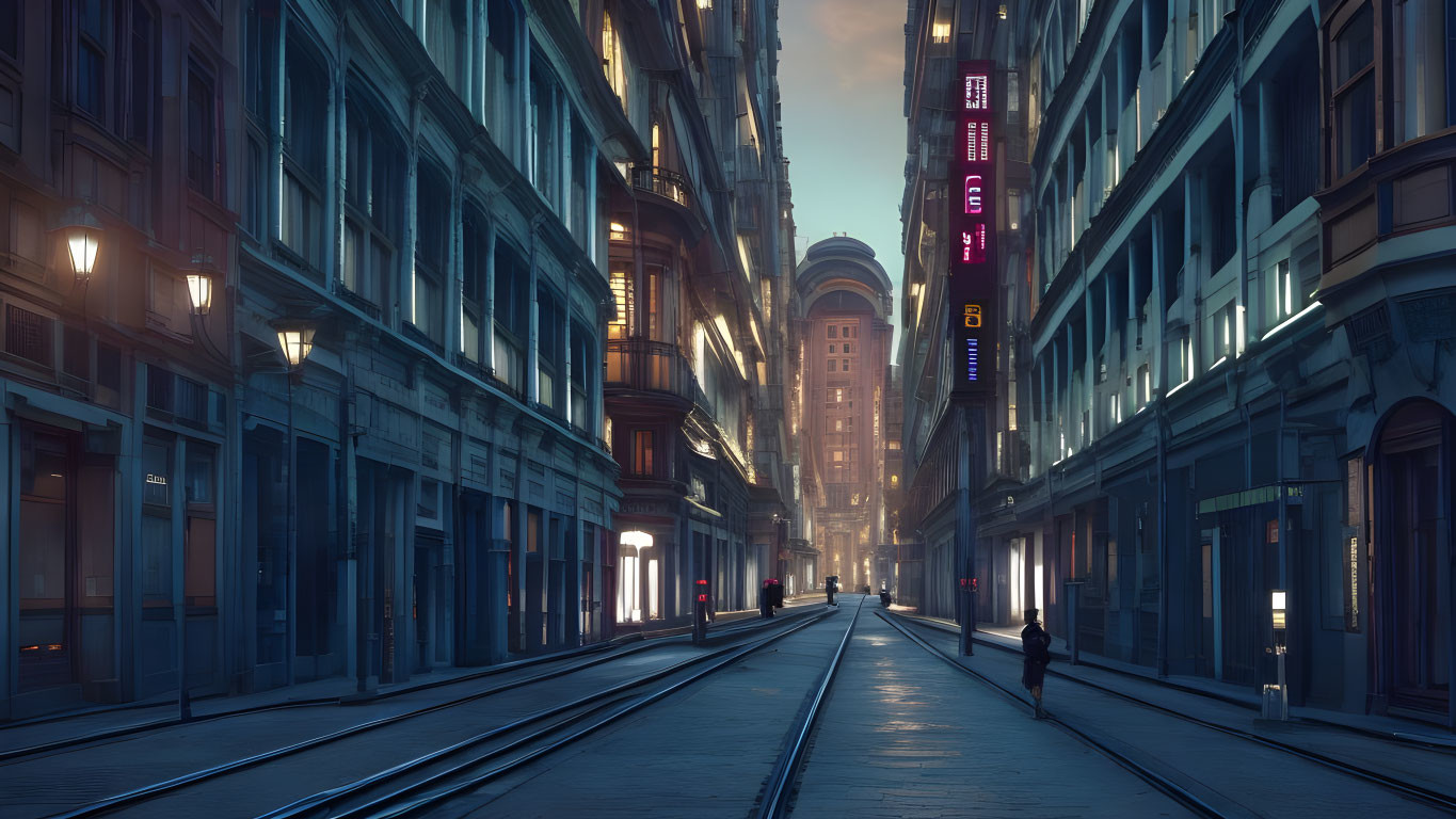 Urban street with illuminated buildings and tram tracks at twilight