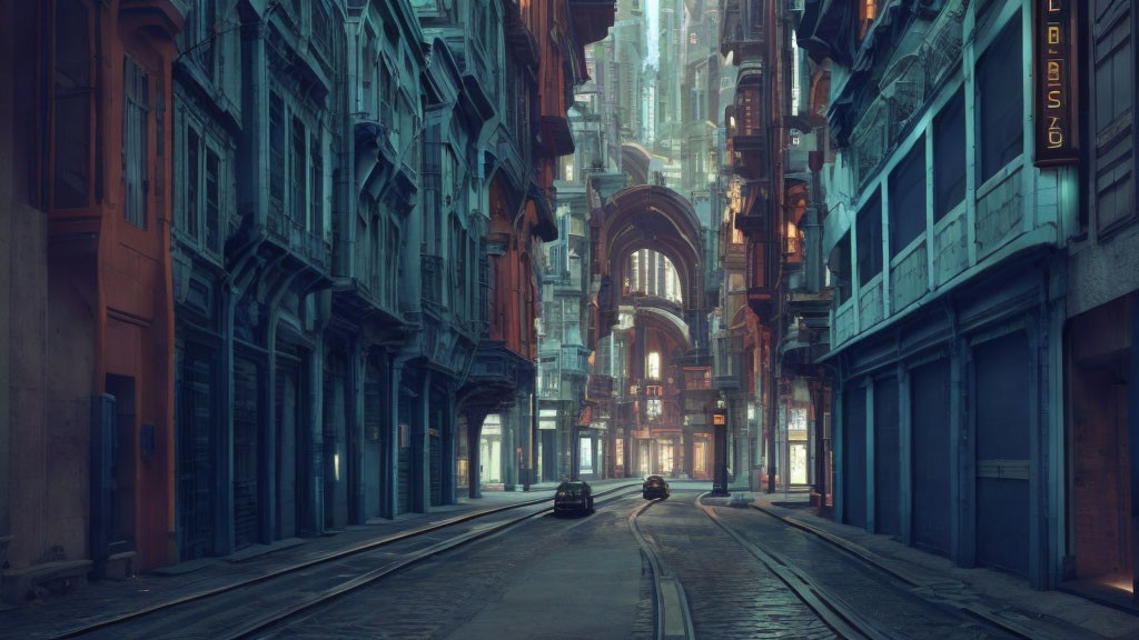 Deserted futuristic city street with tall buildings and tram lines at dawn or twilight