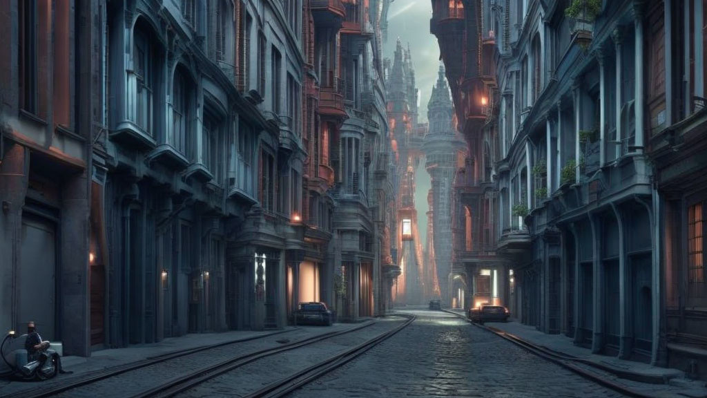 Gothic city street at dusk with tall buildings and solitary figure