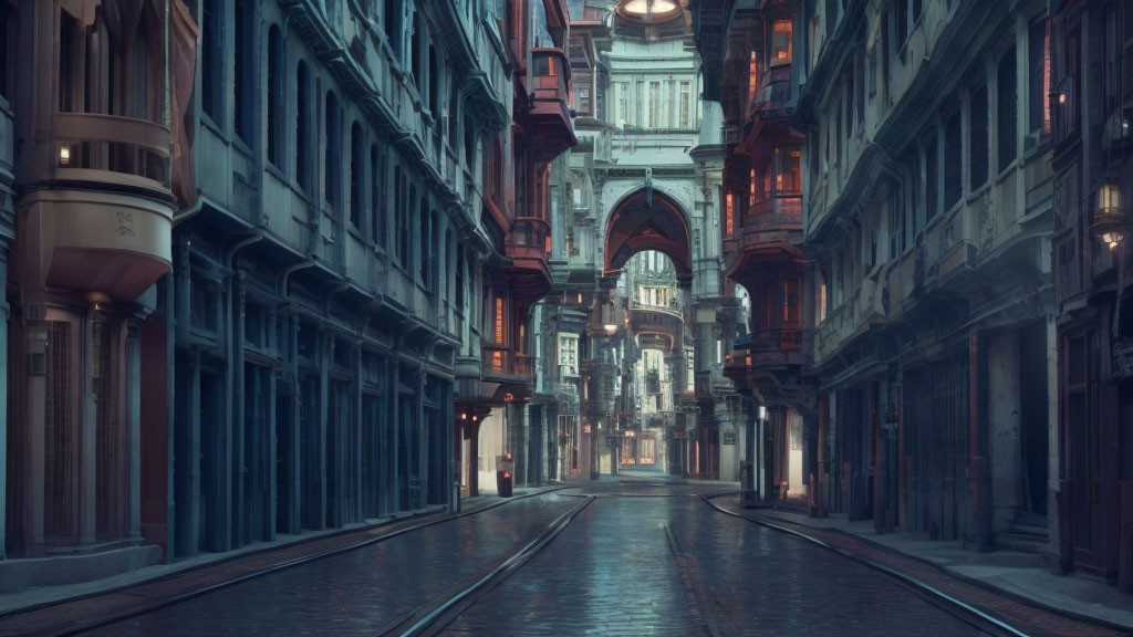 Old narrow street with ornate bridge and tall buildings under twilight sky