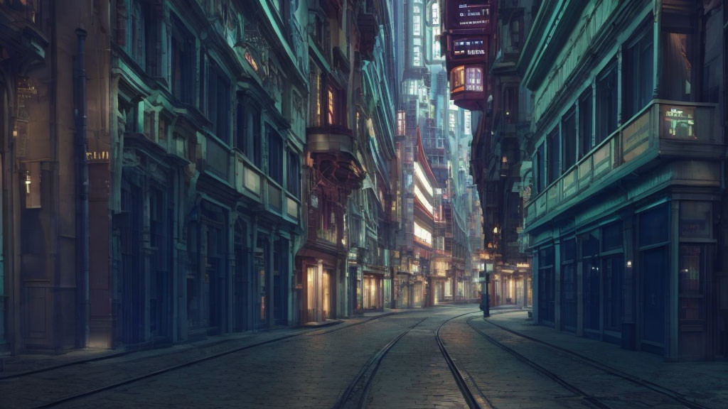 Futuristic city street at dusk with neon signs and tram tracks