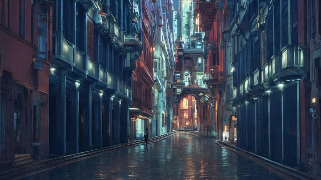 Atmospheric alley with tall, modern & classic buildings at dusk