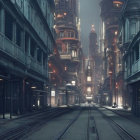 Futuristic cityscape with towering structures and deserted street scene